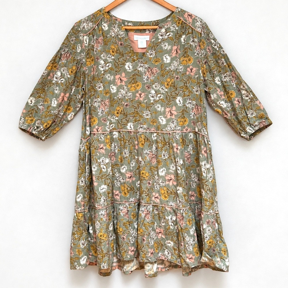 Cynthia Rowley Floral Linen Blend Dress M Green Pink Puff Sleeve Pockets